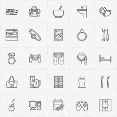 Catalog line icon set with computer , ring and wardrobe