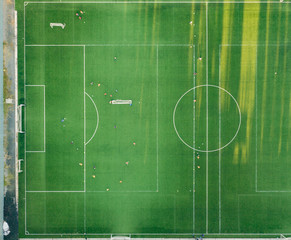aerial top view of the football soccer field with players practice f