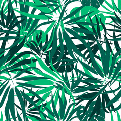 Tropical leaves. Seamless pattern with palm tree leaf and monstera leaves . Vector  texture.