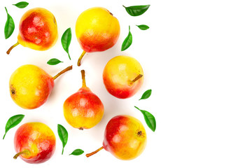 ripe red yellow pear fruits isolated on white background with copy space for your text. Top view. Flat lay pattern