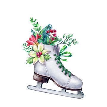 recommend clip art: christmas figure skate decorated with flowers berries and spruce, winter holiday greeting card, watercolor illustration isolated on white background