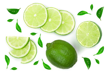 sliced lime with leaves isolated on white background. Top view. Flat lay pattern