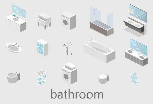 flat 3D isolated vector cutaway interior of bathroom