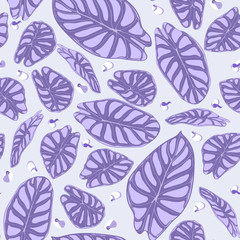 Seamless Jungle Pattern in Purple Color Design. Vector Tropic Leaves in Watercolor Style. Background with Stylized Plants Alocasia. Exotic Foliage. Seamless Tropical Pattern for Cloth Design, Fabric.