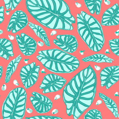 Seamless Jungle Pattern. Vector Tropic Leaves in Watercolor Style. Background with Stylized Plants Alocasia. Handwritten Exotic Foliage. Seamless Tropical Pattern for Textile, Cloth Design, Fabric.