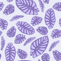Seamless Jungle Pattern in Purple Color Design. Vector Tropic Leaves in Watercolor Style. Background with Stylized Plants Alocasia. Exotic Foliage. Seamless Tropical Pattern for Cloth Design, Fabric.