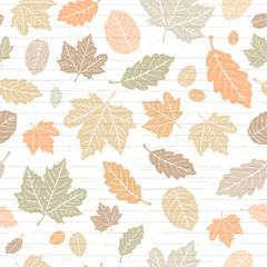 Seamless Vector Pastel Colored Autumn Falling Leaves on Shiplap Wood Plank Background