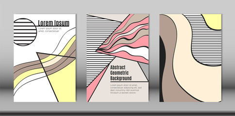 Covers Templates Set with Bauhaus and Graphic Geometric Elements. Placards Set with Handwritten Wavy Stripes, Triangles and Abstract Vector Shapes. Applicable for Brochures, Posters, Magazine, Layout.