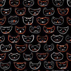 Seamless Vector White, Orange, and Gray Sleepy Kitty Cat Characters on Black Background