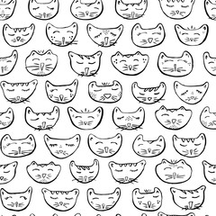 Seamless Vector Black & White Coloring Book Sleepy Kitty Cat Characters Repeat Pattern