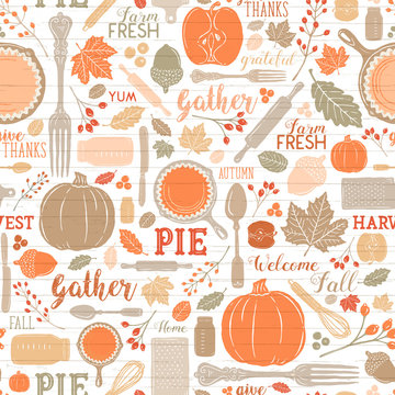 Seamless Vector Shiplap Autumn Leaves & Pumpkin Apple Pie Baking Pattern In Warm Bright Fall Colors