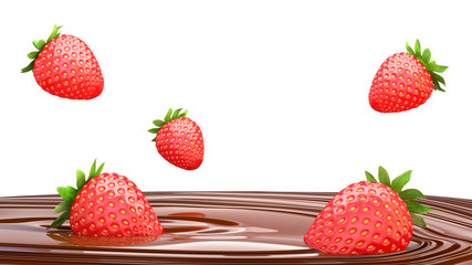 Strawberries  drops into melt chocolate on a white background. 3D render