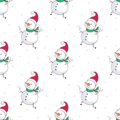Christmas seamless pattern with snowman. Childhood vector background in cartoon style.