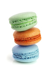 three macaroons isolated on white background closeup