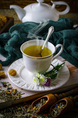 Tea in a cup on an old background