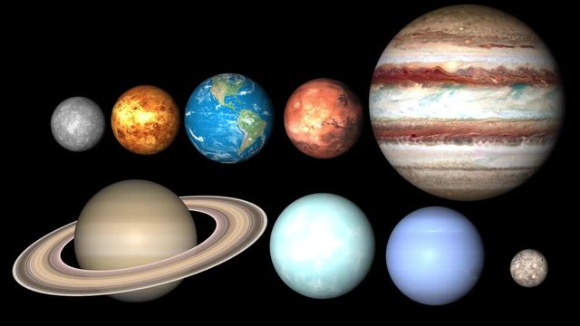 All planets of Solar System. Mercury, Venus, World, Mars, Jupiter, Saturn, Neptune, Uranus, Pluto are rotating.