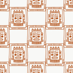 African tribal masks seamless pattern. White background. Orange vector illustration for your design.