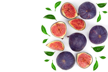 fig fruits with leaves isolated on white background with copy space for your text. Top view. Flat lay pattern