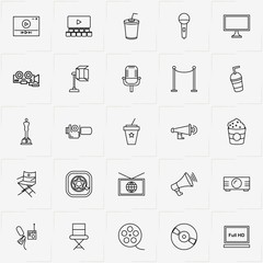 Cinema line icon set with microphone, projector and cinema hall