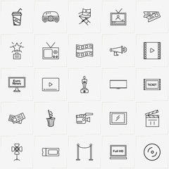 Cinema line icon set with cinema tickets , video camera and juice cup