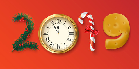 Happy New Year 2019 festive banner with clock and Christmas decoration.