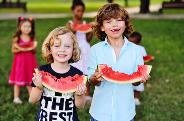 a group of cheerful happy children eat a ripe watermelon in the Park on the grass on a Sunny summer...
