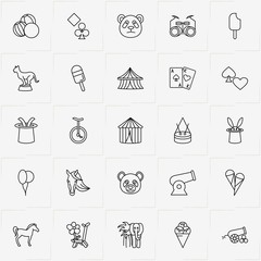 Circus line icon set with panda, one wheel bicycle  and panther