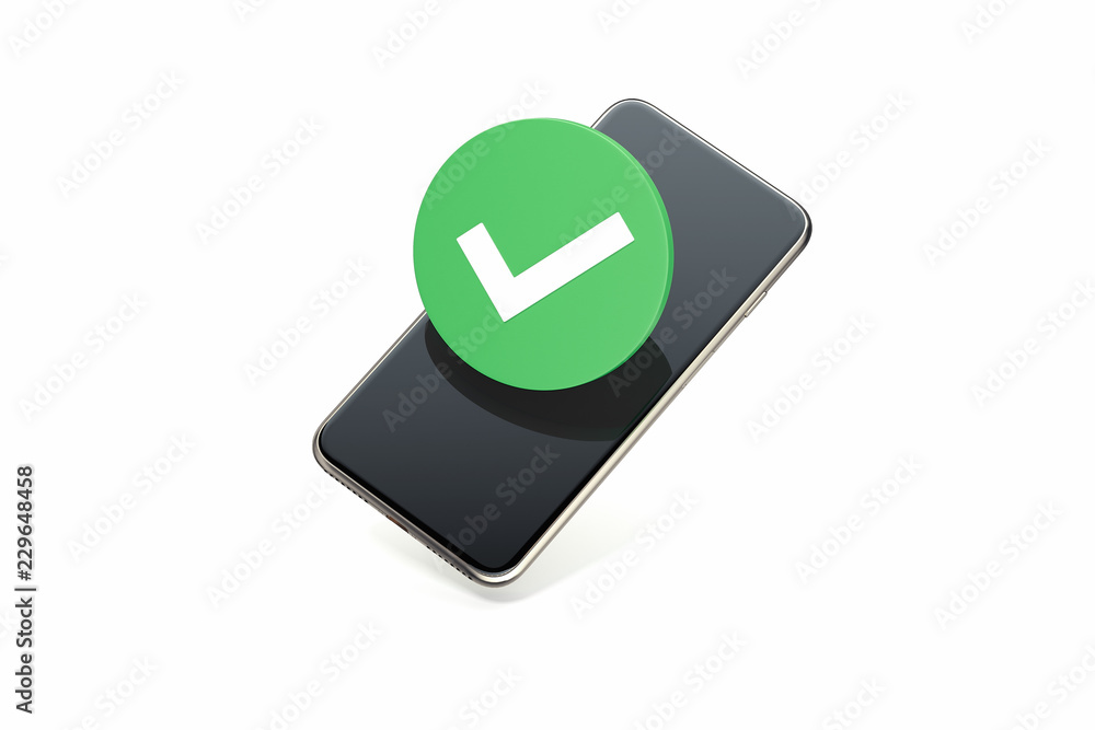Fototapete Check mark symbol on mobile phone screen. Tick icon. 3d rendering.