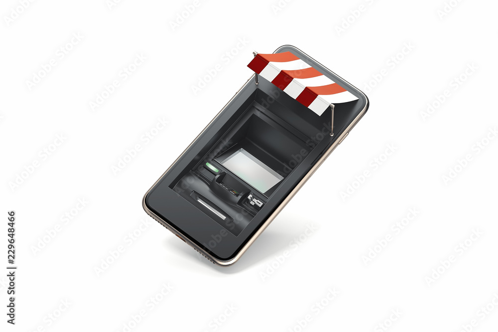 Poster realistic atm machine in mobile phone on white background. 3d rendering.