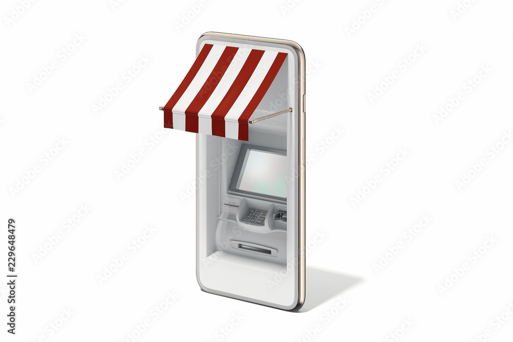Poster realistic atm machine in mobile phone on white background. 3d rendering.