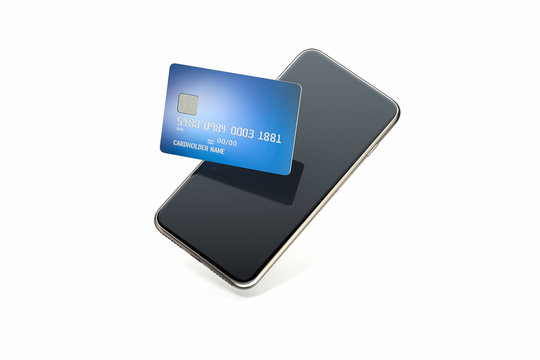 Bank Credit Card On Mobile Phone Screen On White Background. 3d Rendering.