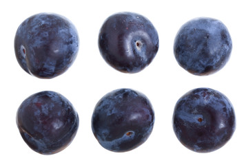 plums isolated on a white background. Top view. Flat lay pattern. Set or collection