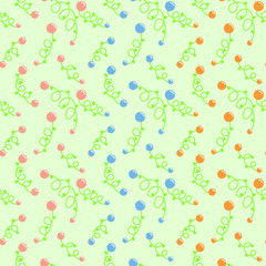 Hand drawn colorful seamless pattern. Bright hand drawn multicolor pattern with berries and leaves on a light green background. For textile, prints, wallpaper etc. Available in EPS format.