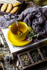 Tea in a cup on an old background