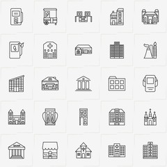 City Building line icon set with church , bank and hospital