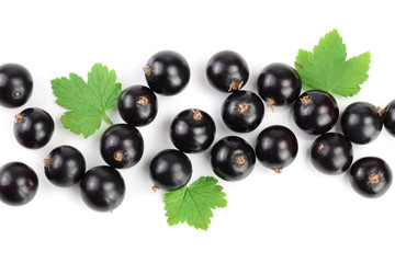 black currant with leaves isolated on white background with copy space for your text. Top view. Flat lay pattern