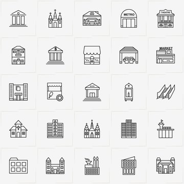 City Building line icon set with petrol station , stall and factory