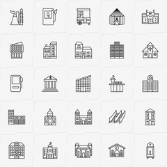 City Building line icon set with restaurant , municipality house  and hospital