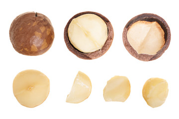 Shelled and unshelled macadamia nuts isolated on white background. Set or collection. Top view. Flat lay pattern