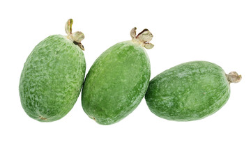 Tropical fruit feijoa Acca sellowiana isolated on white background. Top view. Flat lay pattern