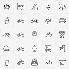 City Park line icon set with horse swing, bicycle and fireworks