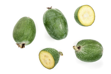 Tropical fruit feijoa Acca sellowiana isolated on white background. Top view. Flat lay pattern