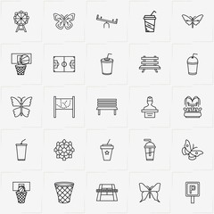 City Park line icon set with basketball basket, tennis court  and swing