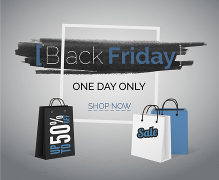 Black Friday Blue Sale Vector Banner With Bags And Frame