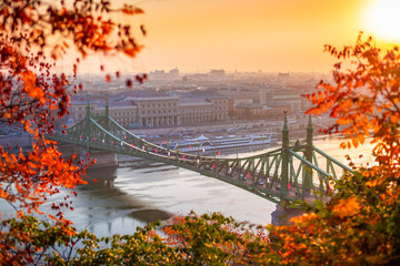 Budapest, Hungary - Autumn scene of beautiful Liberty Bridge (Szabadsag Hid) at sunrise with lovely autumn foliage