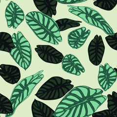 Fototapeta premium Seamless Tropical Pattern. Trendy Background with Rain Forest Plants. Vector Leaf of Alocasia. Green Araceae. Handwritten Jungle Foliage in Watercolor Style. Seamless Exotic Pattern for Tile, Fabric.