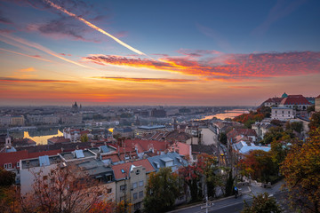 Budapest, Hungary - Aerial skyline view of Budapest at sunrise with beautiful colourful sky and autumn foliage