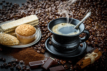 Black coffee on old background