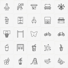 City Park line icon set with juice cup, fireworks and ferris wheel