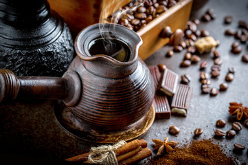 Black coffee on old background